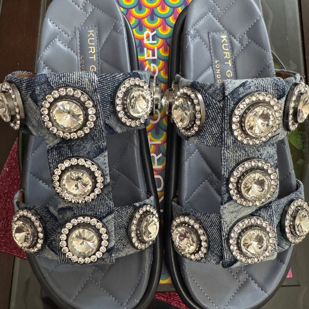 Kurt Geiger Denim crystal jewel ornamented slide sandals